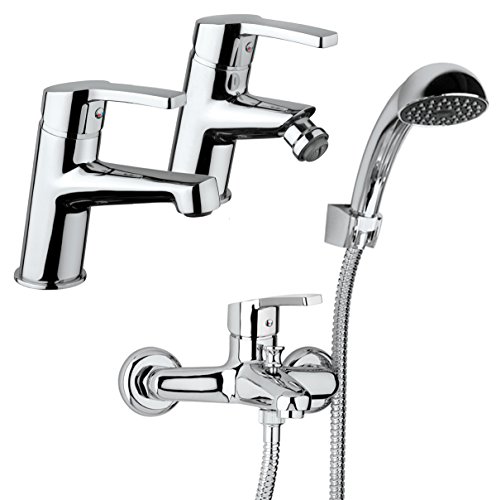 Yellowshop - Set Miscelatori Rubinetteria Bagno Lavabo Bidet Esterno Vasca Con Doccia Modello Laila Completo Con Flex Inox Piletta Sanitari Rubinetto