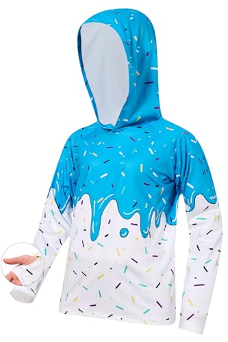 Boys Kids UPF 50+ Sun Protection Shirt Quick Dry Breathable Dripping Cream Hooded Rash Guard Fishing Shirt for Suring 11-12 Years