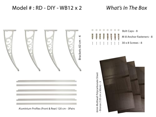 Image of CHENNAI Window Blinds and Shades DIY Polycarbonate Awning (Engineered Plastic Brackets) Window Sunshade Door Weather Shed Rain Canopy Awnings - 12'Widthx2'Depth (White Brackets & Bronze Sheets)