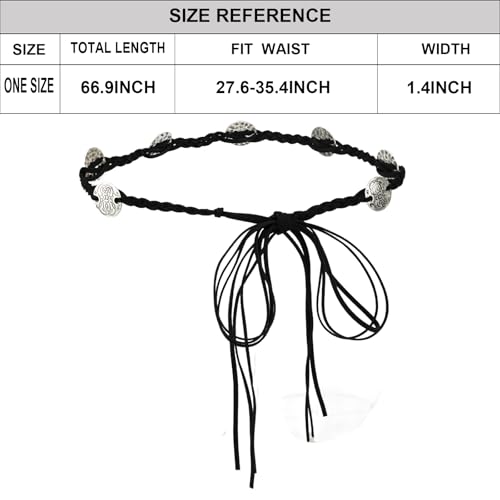 ILuvatar Women's Black Metal Wide Belt with Tassel Knot - Bohemian Rope Braided Waist Accessory featuring Silver Ring Metal Decorations - One Size2