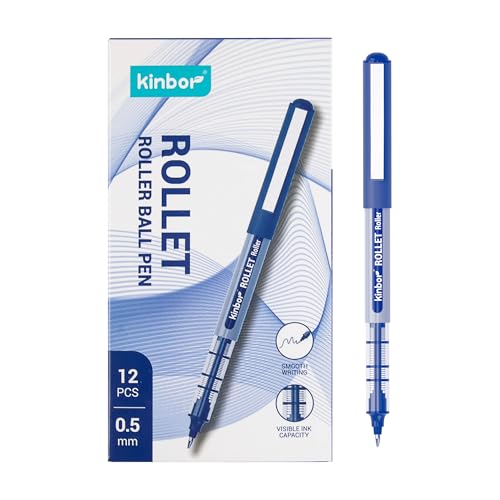Image of Kinbor ROLLET Roller Ball Pens - 0.5mm Fine Point, Smooth Ink Flow, Blue Ink, Pack of 3 - Quick Drying, Smudge-Free Writing Pens for Office, School, and Home