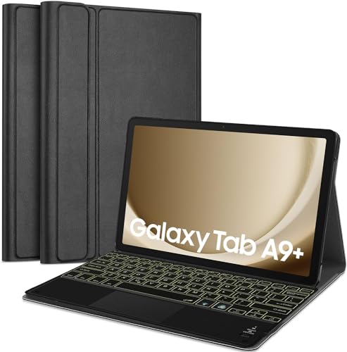 Image of HOM Tri-Fold 7-Colour Backlight Detachable Wireless Bluetooth Keyboard with Trackpad /Touchpad Tablet Cover Case for Samsung Galaxy Tab A9 Plus / A9+ 11 inch Tablet - Black