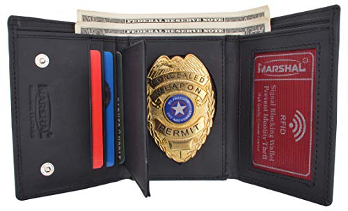 MARSHAL Genuine Leather RFID Blocking Police Badge Holder Trifold Wallet Black with Snap Closure2