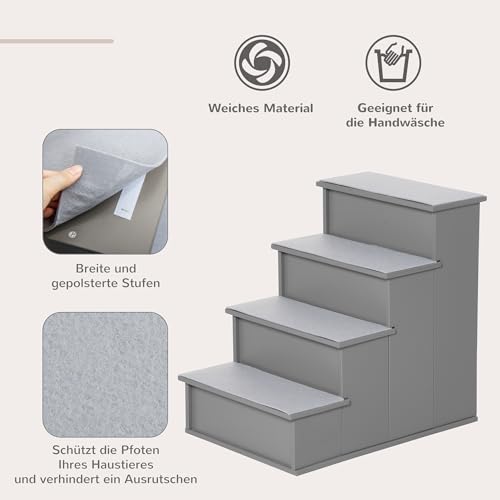 PawHut Haustiertreppe 4-stufige Hundetreppe Katzentreppe Einstiegshilfe mit Rutschfester Matte Haustierleiter für Auto Bett Sofa Grau 40 x 59 x 54,2 cm
