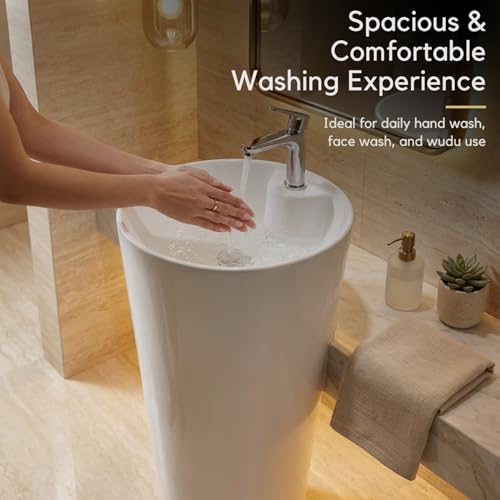 Image of Well Set Luxury Ceramic One Piece Pedestal Wash Basin | Premium Round Stand Wash Basin for Home Office Hotel | White Round