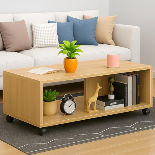 Image of MATTERHORN Wooden Coffee Table with Wheels & Storage Shelf | Modern Centre Table for Living Room, Tea & Drawing Room | Free Assembly, 80 x 40 x 40 cm (MOCT-R92101) (Almond Beige)