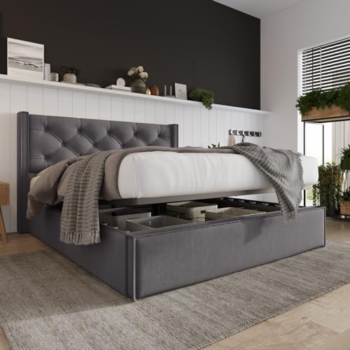 Hydraulisch Doppelbett Polsterbett 160X200Cm,Bett Mit Lattenrost Aus Metallrahmen, Modernes Bettgestell Mit Stauraum, Baumwolle, Grau(Mit Matratze) – Bild 3