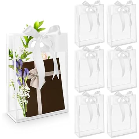 BadenBach 20 Pcs Clear Gift Bags with Handles,7.1"x10.2"x3.2", Reusable Plastic Clear Party Favor Bags with Ribbon Transparent Plastic Gift Bags for Bridal Wedding Birthday Valentine's Day,White Cover