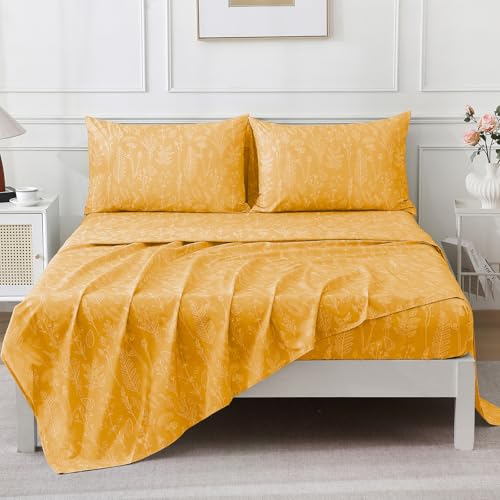 Image of 100% Natural Cotton Percale Sheets Set,Queen Size 4 PC, Breathable&Durable Hotel Quality Bedding, 16 inch Deep Pocket Botanical Floral Bedsheets,Yellow