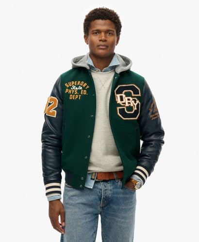 Superdry Para Hombre. M5012088A Cazadora BóMber Con Capucha E Insignia Universitaria Verde (Xl), Casual, Lana - 3