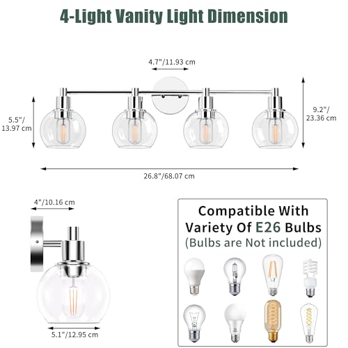 Image of 4 Lights Bathroom Vanity Light Fixtures Chrome, Bathroom Lights Over Mirror, Industrial and Farmhouse 4 Lights Wall Sconce, Polished Chrome Globe Vanity Lighting Fixtures