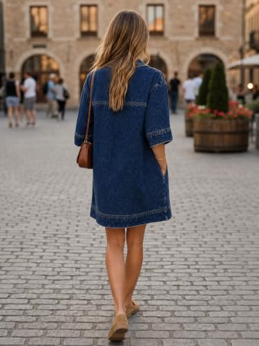 Image of Fisoew Womens Denim Shirt Dress Summer Collared V Neck Mini Casual Jean Dresses with Pockets