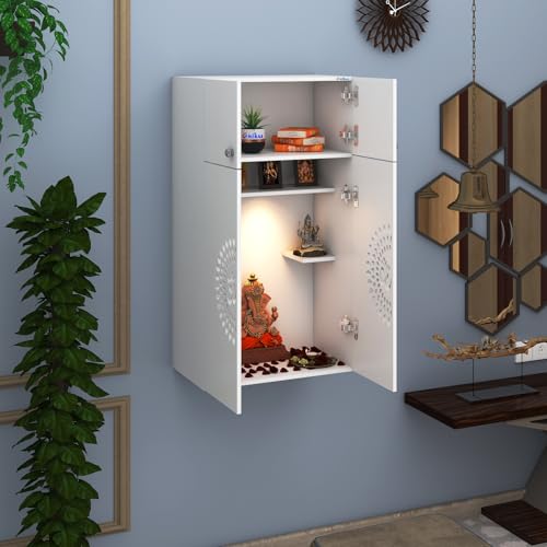 Image of Anikaa OMYA Engineered Wood Home Temple Wall Mount & Floor Standing Wooden Modern Pooja Mandir with LED Light, Om Laser Cut Design | Storage Cabinet with Hinge Doors (White, DIY Installation)