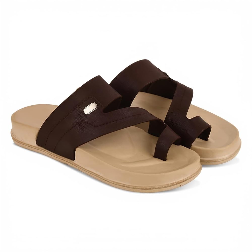 Men's Toe-Ring Slider Sandal, Beige Brown, Casual Daily Wear, Dual-Strap Flat-image-34
