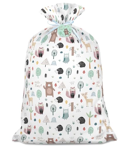 56 Extra Large Baby Shower Plastic Gift Bag Jumbo Gift Bag with Woodland Animal Design for Girls Boys and Newborn Parties or Celebration