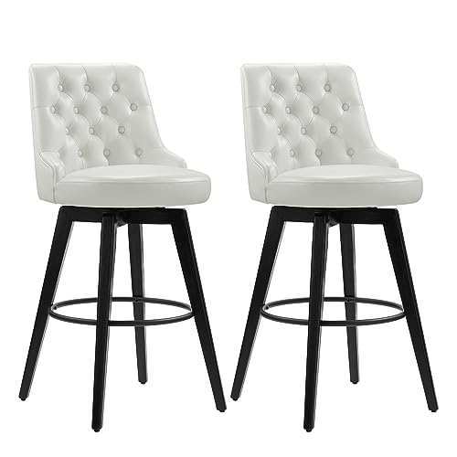 Image of Watson & Whitely Swivel Bar Stools with Back, Faux Leather in White | 30 inch H Bar Height Barstools, Set of 2, Solid Wood Legs