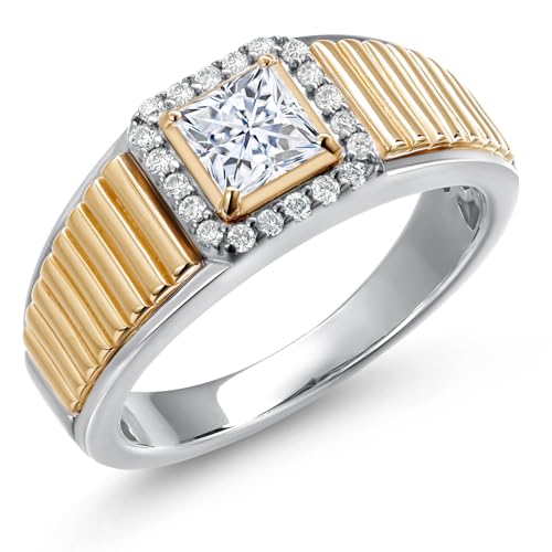 Gem Stone King 925 Silver and 10K Yellow Gold 5MM Princess Cut Gemstone Birthstone and 1.2MM Round White Lab Grown Diamond Statement Ring For Men | Available in Size 7-13