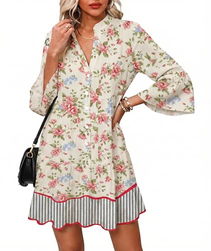 Image of Opemiby Summer Dresses for Women 2026 Flowy Ruffle 3 /4 Sleeve V Neck Tiered Casual Babydoll Boho Beach Mini Dress