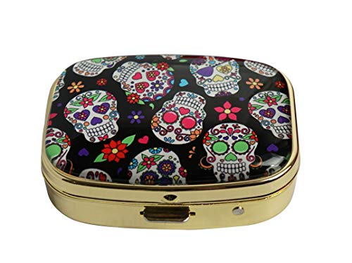 HaLuLu Day of The Dead Sugar Skull Personalized Design Square Pill Case Decorative Metal Organizer Unique Gift