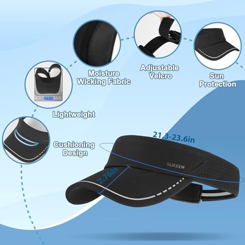 Image of Sukeen Sports Sun Visor for Men Women, Lightweight Adjustable Visor Hat, Reflective Running Tennis Golf Visor, Sunglass Slots