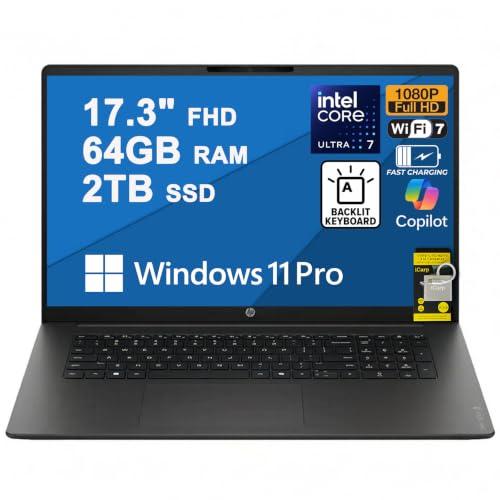 Image of HP OmniBook 3 AI Laptop 17.3 inch FHD IPS Intel 12-core Ultra 7 255U 64GB RAM 2TB SSD Backlit Type-c WiFi7 for Creator Designer Business Professional Win11Pro ICP Hub