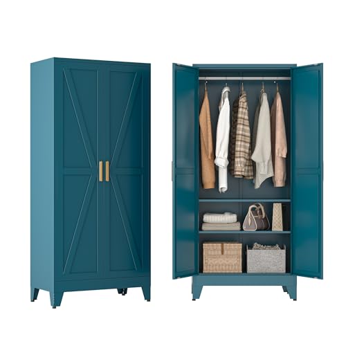 Image of Metal Wardrobe Closet with Doors and Shelves, 71 inch Farmhouse Bedroom Armoire with Hanger Rod and Clothing Shelf, White Steel Wardrobe Cabinet Storage Clothes Closet