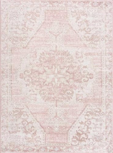 Image of BoutiqueRugs Blush & Light Pink Collection Snead Bohemian Oriental Medallion Area Rug - Traditional Floral Carpet for Living Room, Bedroom - Blush, Pale Pink, Cream - 3'11" x 5'7"