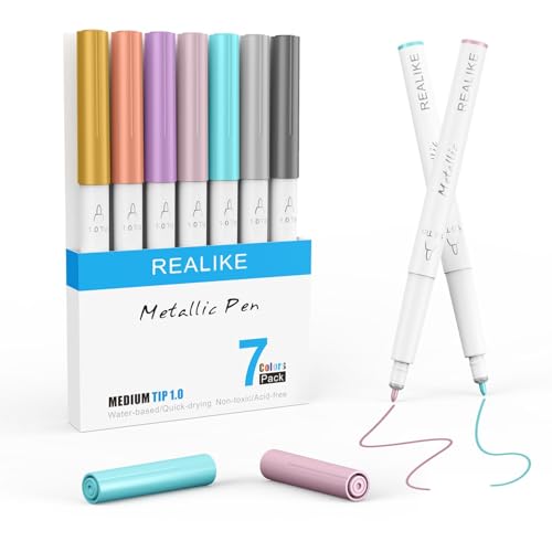 Image of REALIKE Metallic Pens for Cricut Maker 3 /Maker 4 /Maker /Explore 3 /4 /5 /Air 2 /Air, Multicolor Marker Pens Set of 7 Pack Drawing Coloring Pens Compatible with Cricut Machine (1.0 Tip)
