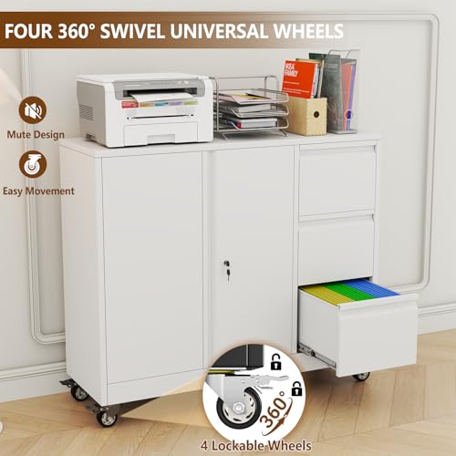 3 Drawer File Cabinet with Lock and Wheels,Metal Mobile Lateral Printer Stand with Adjustable Shelf ,Office Rolling Filing Organization and Storage Cabinet for Home Office, Living Dining Room,White - Image 6