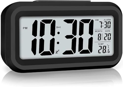 Image of Digital Alarm Clock - Smart Backlight with Auto Sensor, Big LCD Display, Date, Calendar & Temperature, Battery-Powered Travel & Desktop Clock for Home, Bedroom, Office (Multicolor)