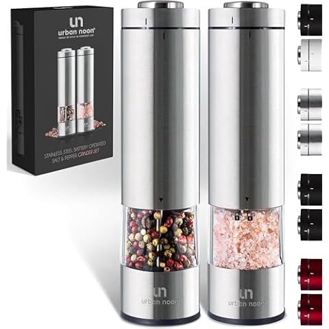 Electric Salt and Pepper Grinder Set - Battery Operated Stainless Steel Mill with Light (2 Mills) - Automatic One Handed Operation - Electronic Adjustable Shakers - Ceramic Grinders Cover