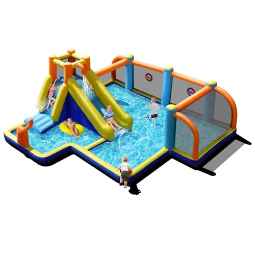 OLAKIDS Inflatable Water Slide, 8 in 1 Bounce House Water Park with Soccer Goals Splash Pool Climbing Wall Water Guns Target Game, Outdoor Inflatable Obstacle Course for Kids Backyard (without Blower)
