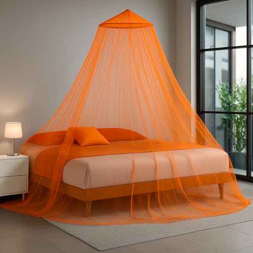 Image of Polyester Hanging Round Mosquito Net for Double Bed, King Size Bed (Orange)
