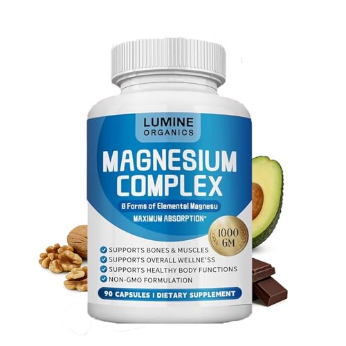 Lumine Organics Magnesium Complex，Advanced 8-in-1Magnesium Blend，Glycinate, Citrate, Malate, Taurate etc.– High Absorption Formula-90 Capsules
