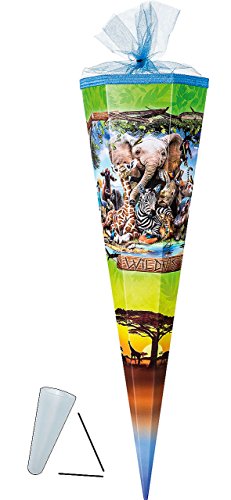 Preisvergleich Produktbild Unbekannt Schultüte - Wildnis Tiere - Zootiere - 85 cm - Tüllabschluß - Zuckertüte - mit / ohne Kunststoff Spitze - für Jungen & Mädchen - Tier Giraffe Zoo Elefant Zebr..