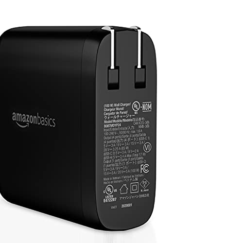 Amazon Basics 100W Four-Port GaN Wall Charger w/ 2 USB-C (100W,18W) & 2 USB-A Ports (12W) w/PD for Laptops, Tablets & Phones (iPhone 16/15/14/13/12/11/X, iPad, Mac, Samsung, and More), Non-PPS, Black