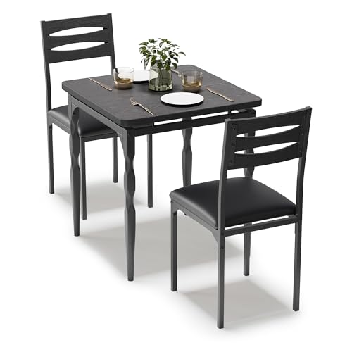 Image of Garvee 3 Piece Dining Table Set, Farmhouse Style Dining Table and Chairs Set for 2, Dining Set for Dining Room Kitchen Apartment, Black