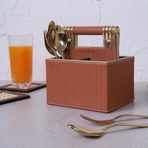 Image of HOME 360 Woven Pattern Leather Spoon Stand | Cutlery Stand with 4 Divider 18X16X13 CM | Use for Dining table| Organize Spoons | Forks | Cutlery | Home Decor | Spoons Holder | Cutlery Holder | Tan