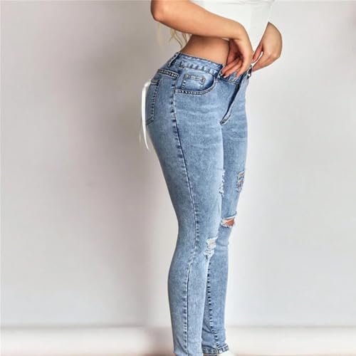 Women’S High Elastic Bows Ripped Mid Waisted Pencil Jeans Skinny Fit Sexy Ankle Length Zipper Fly Streetwear Denim Pants4