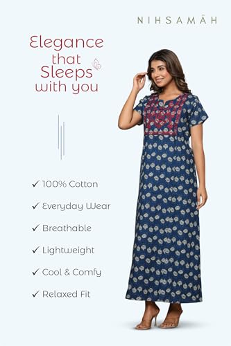 Image of NIHSAMAH Cotton Nighty for Women - Printed Stylish Night Gown, Comfortable Sleepwear Long Nightwear, Maxi