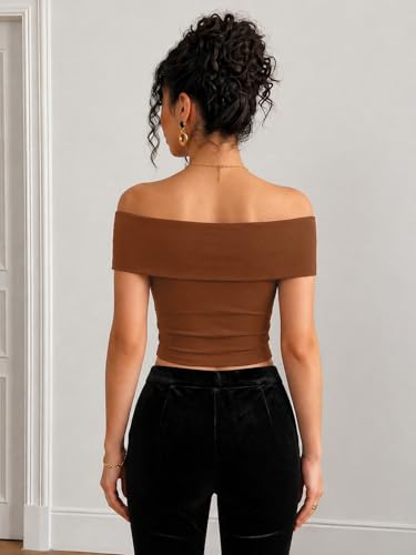 Image of TIVANTE Off-Shoulder Top for Women Stylish, Ruched V Neck Tops for Woman with Gold-Tone Metal Buckle Detail || Fitted Tops for Woman