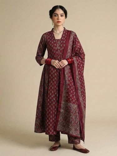 Image of ANNI Designer Women's Viscose Printed A-Line Kurta Set with Pant and Dupatta | Ethnic Wear Dress | V-Neck | 3 /4 Sleeve Indian Traditional Outfit for Women