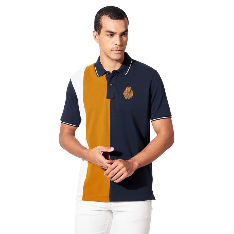Image of FAHRENHEIT Men's Regular Poly Cotton Vertical Stripes Colourblock Pique Polo T-Shirt