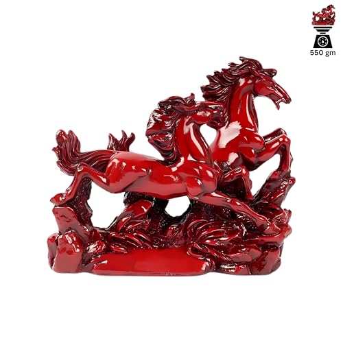Image of Red Running Horses Statue | Vastu Remedy for Name, Fame & Wealth Stability | Resin Twin Horses for South Zone Energy Activation & Career Growth (Small Horse)