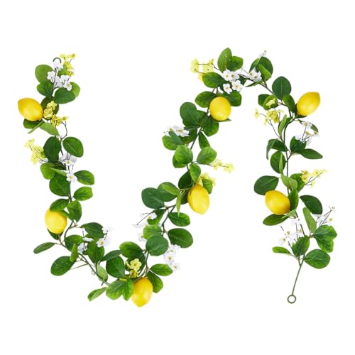 PH Pandahall Artificial Lemon Garland 5.3 Ft Summer Fake Fruit Garlands Lemon Green Leaves Flower Faux Lemon Greenery Vines Garland for Door Wall Stairs Mantle Home Party Wedding Decor