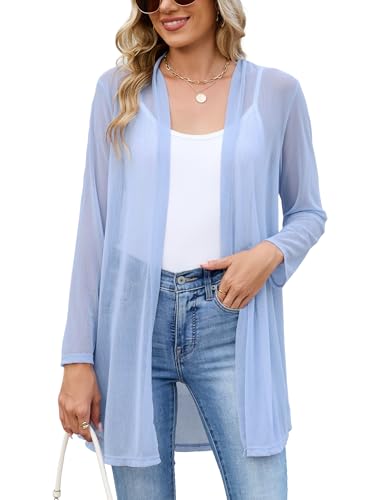 Famulily Langärmelige Strickjacke aus durchsichtigem Netzstoff für Damen, leicht, vorne offen, transparent, für den Sommer, himmelblau, L