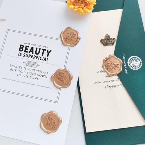 Wax Seal Stickers - 3D Rose Wedding Invitation Envelope Botanical Seal Stickers, 50 Pcs Self- Adhesive Light Gold Stickers, Perfect for Invitation, Christmas, Gift Wrapping, Wedding, Party