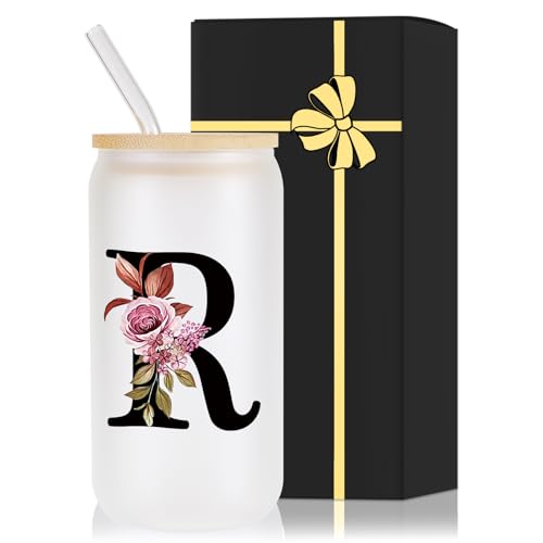 Monogrammed Glass Drinking Cup With Lid Straw Women Happy Birthday Christmas Xmas Day Holiday for...