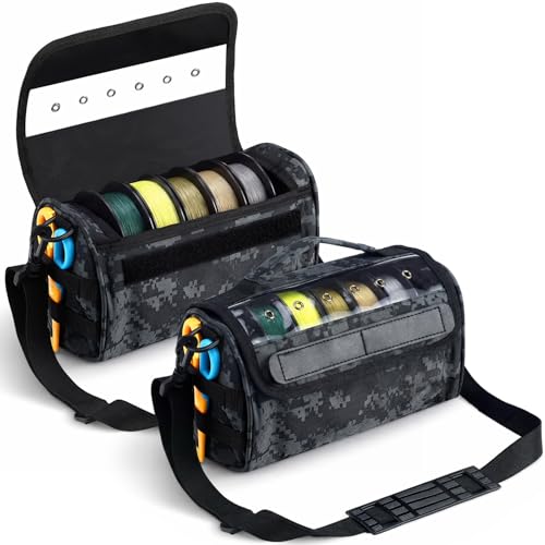 Teyva Daily 2 Pcs Fishing Line Management Bag Waterproof Nylon Fishing Line Storage Bag Transparent Window Removable Divider Leader Lines Spool Organization, Camouflage Black