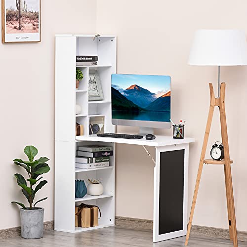 Zentrava Foldable Wall Mounted Desk with Storage Shelves, Fold Out Convertible Computer Table with Blackboard, Folding Writing Table Workstation for Small Spaces,Home Office (White)
